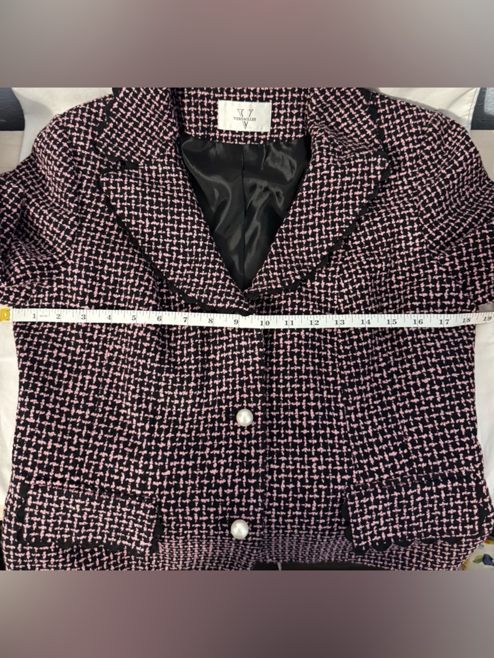 Versailles Pink Black Tweed Blazer Pearl Button Scalloped Trim Jacket - Picture 11 of 13